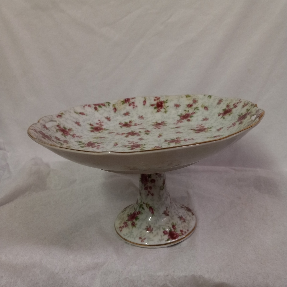 Vintage UCAGCO 2Pc Tier Serving Candy Dish White Pink Floral 3" Pedestal